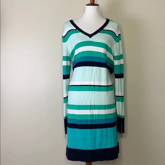 MICHAEL KORS Tile Blue Striped V-Neck Knit Dress - Picture 1 of 13